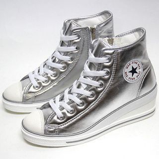 Womens Silver Glitter Zip Wedge Lace High Top Sneakers Shoes / Lady
