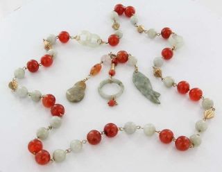 14k Yellow Gold Jade Carnelian Coral Charm Drop Necklace Fine Jewelry