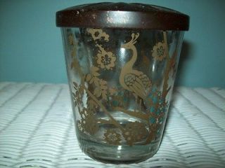 listed Small Vintage Glass Jar or Tumbler with Metal Lid   Peacocks