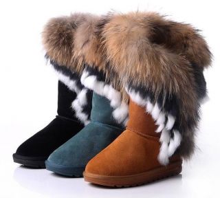 Womens Gorgeous Real Leather Rabbit & Fox Fur Mid Calf Winter Ankle