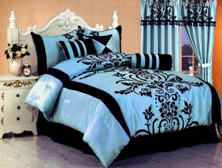 NEW 23 Pc Queen Bedding Black Light blue Comforter Set Includes 2