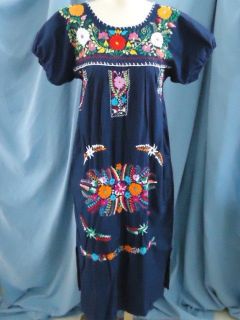 BLUE+BRIGHT FLOWER EMBROIDERY BOHO VTG CAFTAN DRESS HIPPIE COSTUME