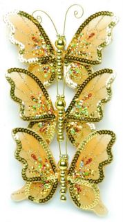 Set of 3 Butterflies Clip on Gold Christmas Tree Decorations NEW 17172