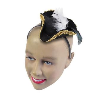 Pirate Tricorn Hat Black & Gold Trim Feather On Headband Fancy Dress