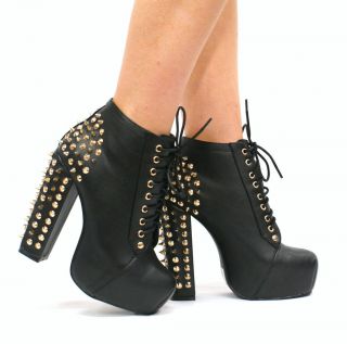D92 WOMENS LADIES FAUX LEATHER GOLD SPIKE STUDS LACE UP PLATFORM ANKLE