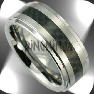Tungsten & Black Carbon Fiber Band Stepped Mens Wedding Ring Size 7 15