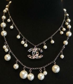 CHANEL RUTHENIUM CC LOGO DOUBLE PEARLS NECKLACE NEW