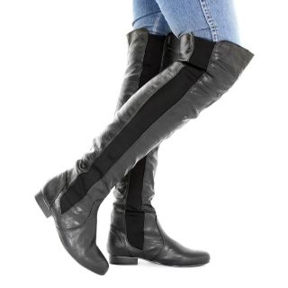 WOMENS BLACK OVER KNEE LEATHER STYLE FLAT THIGH HIGH LADIES PANEL BOOT