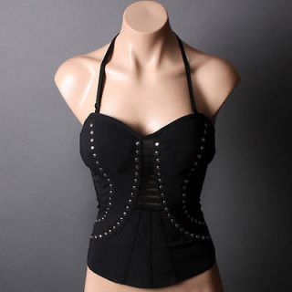 Black Halter Studded Rock Clubwear Sexy Cut Out Corset Bustier Top