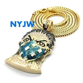 ICED OUT JUMBO GOLD PT. GOON BLUE MASK PENDANT W/ 36 FRANCO CHAIN #