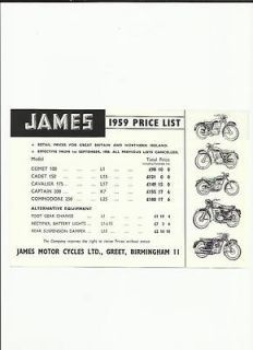 JAMES MOTOR CYCLES PRICE LIST SALES BROCHURE FOR 1959 MODEL YEAR