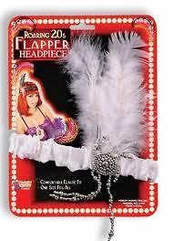 WHITE 1920S HEADPIECE  RED FEATHER WITH SILVER JEWELS. FLAPPER CHARLE