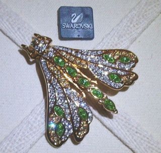 Signed Swan Gold Plated Swarovski Green & Clear Crystal Dragonfly