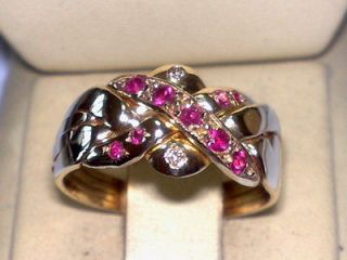 9k solid gold 4 band ruby dimond puzzle ring SİZES from 4 to 11