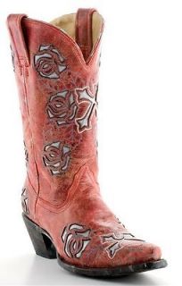 Womens Red Cross And Rose Cut Out Corral Boots with Silver Details