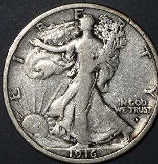 1916 D US Silver WALKING LIBERTY Half Dollar First Year, Full Rims+