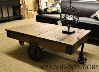 Wood Industrial Rustic Coffee Table Cart on Iron Wheels