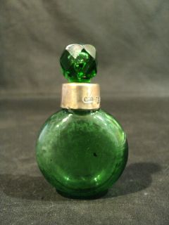 Green Glass Perfume Scent Bottle English Sterling Rim C 1890s