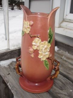  Pottery Pink Apple Blossom Scalloped Rim Double Handled Vase 389 10