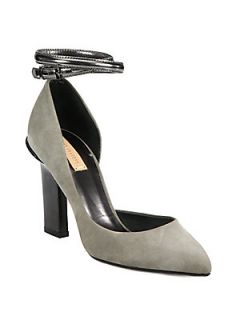 Suede and Metallic Leather Ankle Strap DOrsay Pumps   Grey