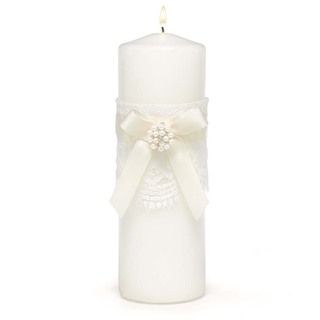 Splendid Elegnce White Unity Candle (IvoryMaterials: Paraffin wax, satin, ribbon, rhinestone, pearl embellishments, laceDimensions: 3 inches x 3 inches x 9 inches )