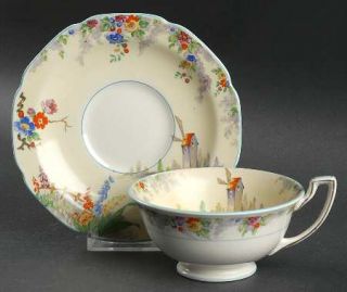 Grindley Old Mill, The Footed Cup & Saucer Set, Fine China Dinnerware   Cream Ri