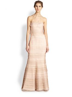 Kay Unger Strapless Organza & Lace Tiered Gown   Blush