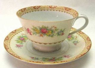 Sango San30 Footed Cup & Saucer Set, Fine China Dinnerware   Red&Tan Edge,Floral