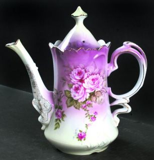 Lefton Heavenly Rose Coffee Pot & Lid, Fine China Dinnerware   Pink Roses,Purple