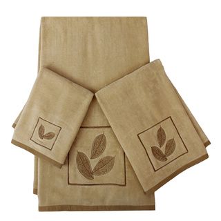 Sherry Kline Ridge 3 piece Embellished Towel Set (Light gold Materials: 100 percent cotton towel/100 percent polyester bandCare instructions: Spot clean recommended DimensionsBath towel: 25 inches wide x 48 inches longHand towel: 16 inches wide x 25 inche