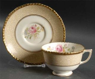 Royal Doulton Curnock Rose Footed Cup & Saucer Set, Fine China Dinnerware   Beig