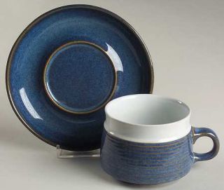 Denby Langley Chatsworth Flat Cup & Saucer Set, Fine China Dinnerware   Blue Ban