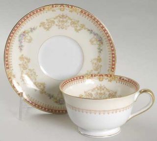 Noritake Arion Footed Cup & Saucer Set, Fine China Dinnerware   Red Band,Floral