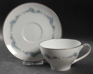 Noritake Barcarolle Flat Cup & Saucer Set, Fine China Dinnerware   Blue Flowers,
