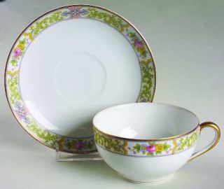 Noritake Arleigh Flat Cup & Saucer Set, Fine China Dinnerware   Pink,Yellow&Blue