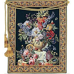 Fiori European Tapestry Wall Hanging (Black, multi Pattern: FloralLined: Lined with heavy weight poly/cotton with rod pocketDimensions: 63 inches high x 51 inches wide  )