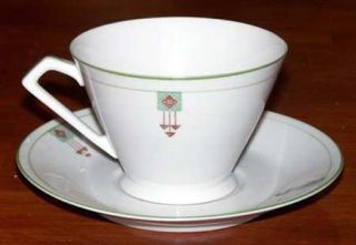 Noritake N88 Footed Cup & Saucer Set, Fine China Dinnerware   Green & Brown Geom