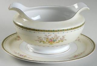 Meito Dorothy Gravy Boat with Attached Underplate, Fine China Dinnerware   Green