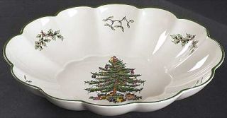 Spode Christmas Tree Green Trim Large Oval Fluted Bowl, Fine China Dinnerware  