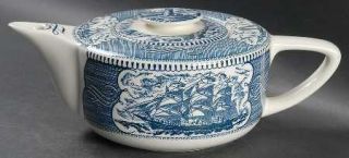 Royal (USA) Currier & Ives Blue Teapot & Lid, Fine China Dinnerware   Blue Scene