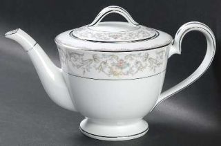 Noritake Westbrook Teapot & Lid, Fine China Dinnerware   Gray/Blue Scrolls, Pink