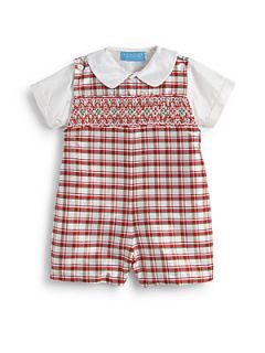 Anavini Infants Two Piece Silk Shirt & Plaid Shortalls Set   Red