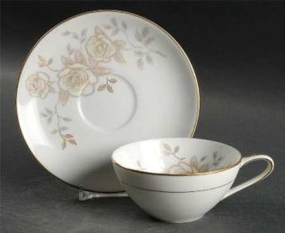 Noritake Odette Flat Cup & Saucer Set, Fine China Dinnerware   White Roses, Brow