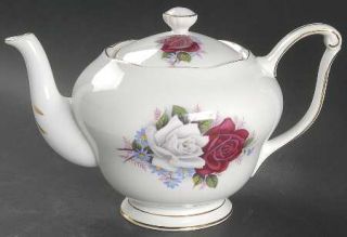 Queen Anne (England) Duet Teapot & Lid, Fine China Dinnerware   Red & White Rose