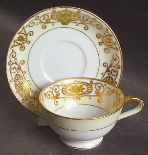 Noritake 175 Footed Cup & Saucer Set, Fine China Dinnerware   Gold Flowers & Scr