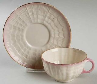 Belleek Pottery (Ireland) Tridacna Pink (Gold Trim) Flat Cup & Saucer Set, Fine