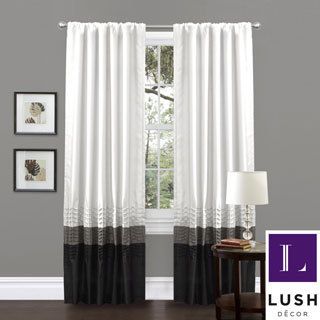 Mia White Pieced 84 inch Curtain Panel Pair (WhiteCurtain style: Window panelConstruction: Rod pocketPocket measures: 3 inchesLining: NoDimensions: 84 inches long x 54 inches wide Tiebacks included: NoEnergy saving: NoMaterials: 100 percent faux silk poly