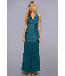 Halston Heritage Sleeveless V Neck Gown w/ Satin Straps and Sheer Skirt Womens Dress (Green)