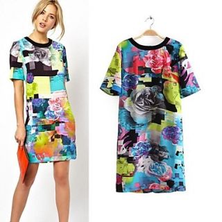 Women Mix Color Fuzzy Pattern Floral Print Short Sleeve Dress