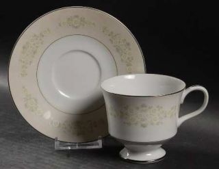 Sango Greenfield Footed Cup & Saucer Set, Fine China Dinnerware   White/Pink Flo